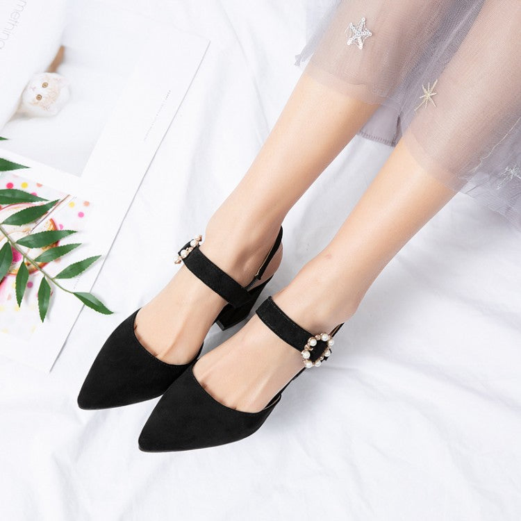 Women Pointed Toe Suede Pearl Block Heel Sandals