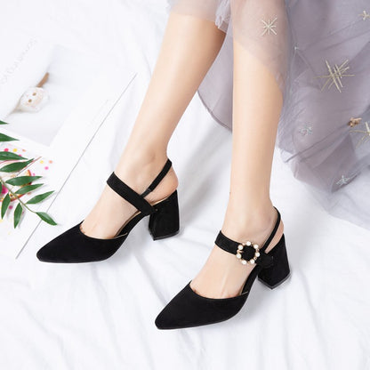 Women Pointed Toe Suede Pearl Block Heel Sandals