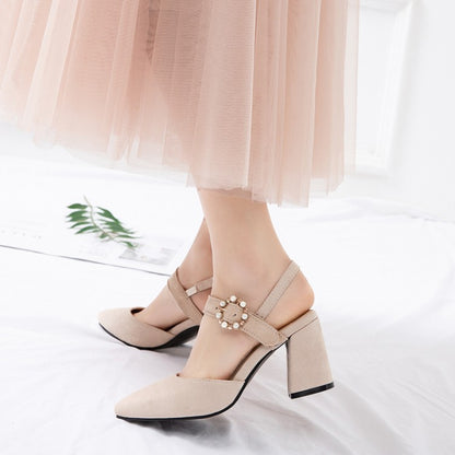 Women Pointed Toe Suede Pearl Block Heel Sandals