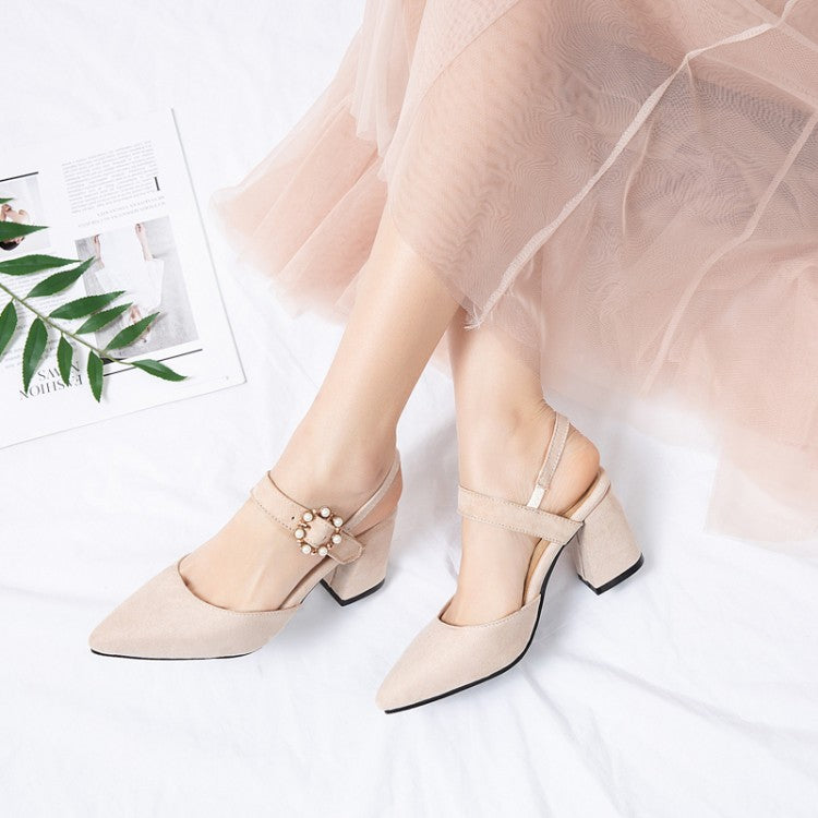 Women Pointed Toe Suede Pearl Block Heel Sandals