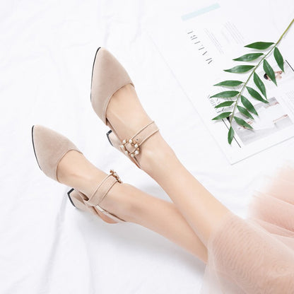 Women Pointed Toe Suede Pearl Block Heel Sandals