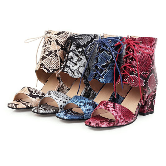 Women Woven Snake Print Tied Strap Chunky Heel Sandals