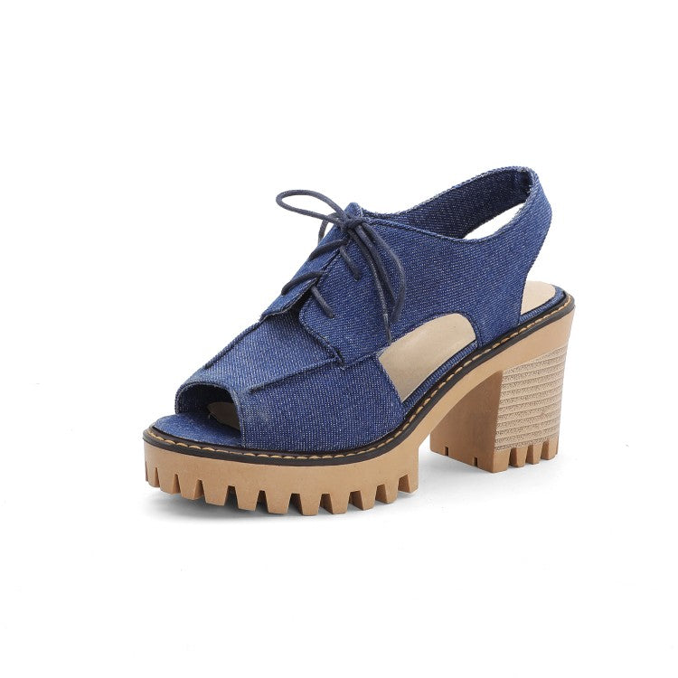 Women Denim Hollow Out Chunky Heel Platform Sandals