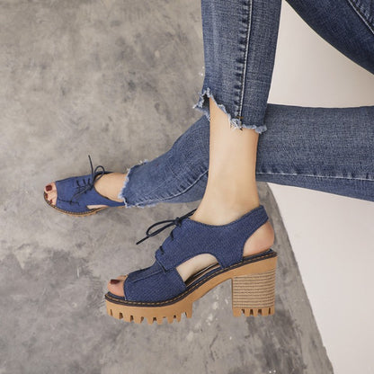 Women Denim Hollow Out Chunky Heel Platform Sandals