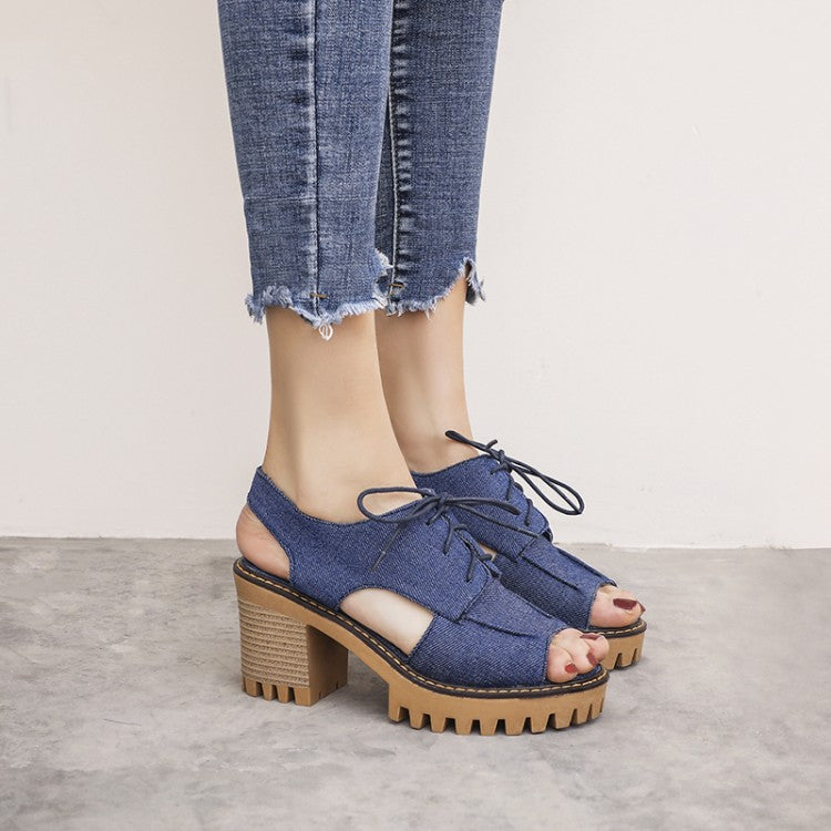 Women Denim Hollow Out Chunky Heel Platform Sandals