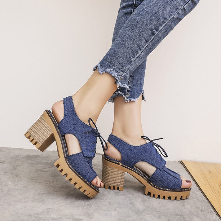 Women Denim Hollow Out Chunky Heel Platform Sandals