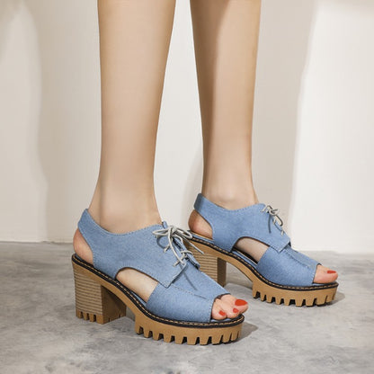 Women Denim Hollow Out Chunky Heel Platform Sandals