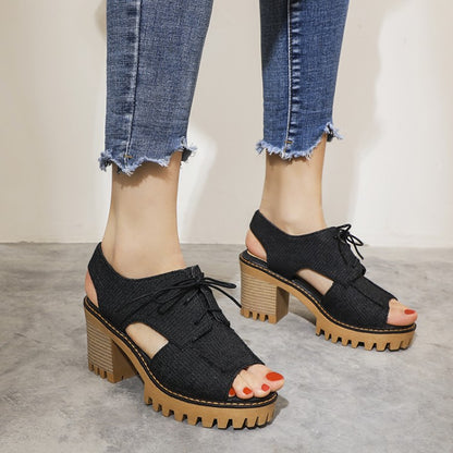 Women Denim Hollow Out Chunky Heel Platform Sandals