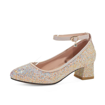 Women Sequined Mary Jane Block Heels Pumps