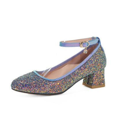 Women Sequined Mary Jane Block Heels Pumps