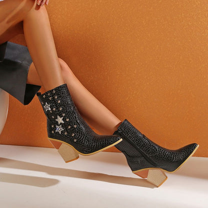 Women Crocodile Pattern Pointed Toe Stars Rivets Block Chunky Heel Short Boots