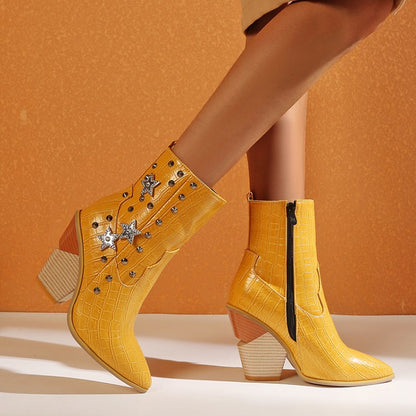 Women Crocodile Pattern Pointed Toe Stars Rivets Block Chunky Heel Short Boots