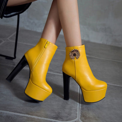 Women Flower Platform High Heel Short Boots