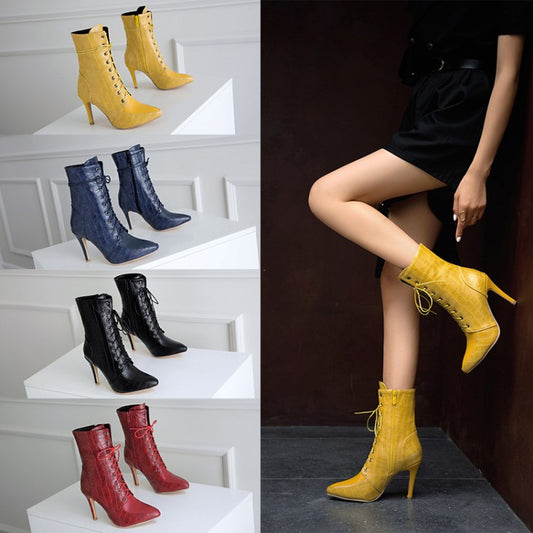 Women Pointed Toe Lace Up High Heel Short Boots