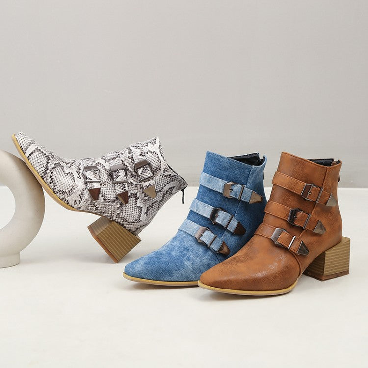 Women Denim Tie Dye Buckles Block Heel Short Boots