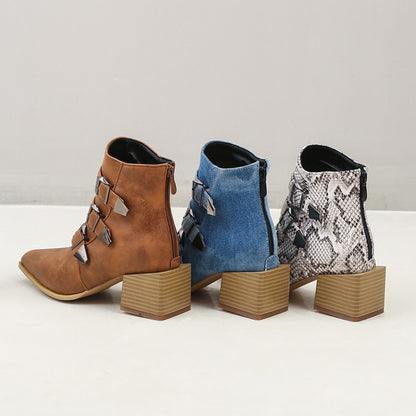 Women Denim Tie Dye Buckles Block Heel Short Boots