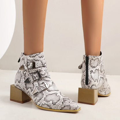 Women Denim Tie Dye Buckles Block Heel Short Boots