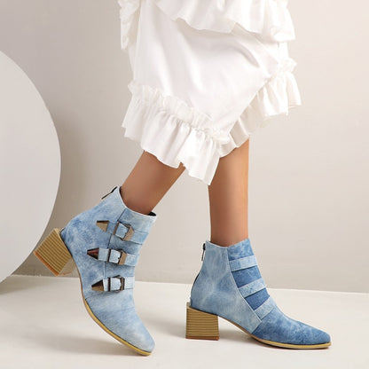 Women Denim Tie Dye Buckles Block Heel Short Boots