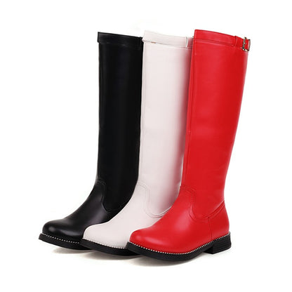 Women Buckle Low Heels Knee High Boots