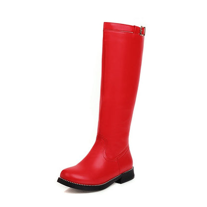 Women Buckle Low Heels Knee High Boots