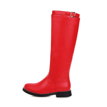 Women Buckle Low Heels Knee High Boots