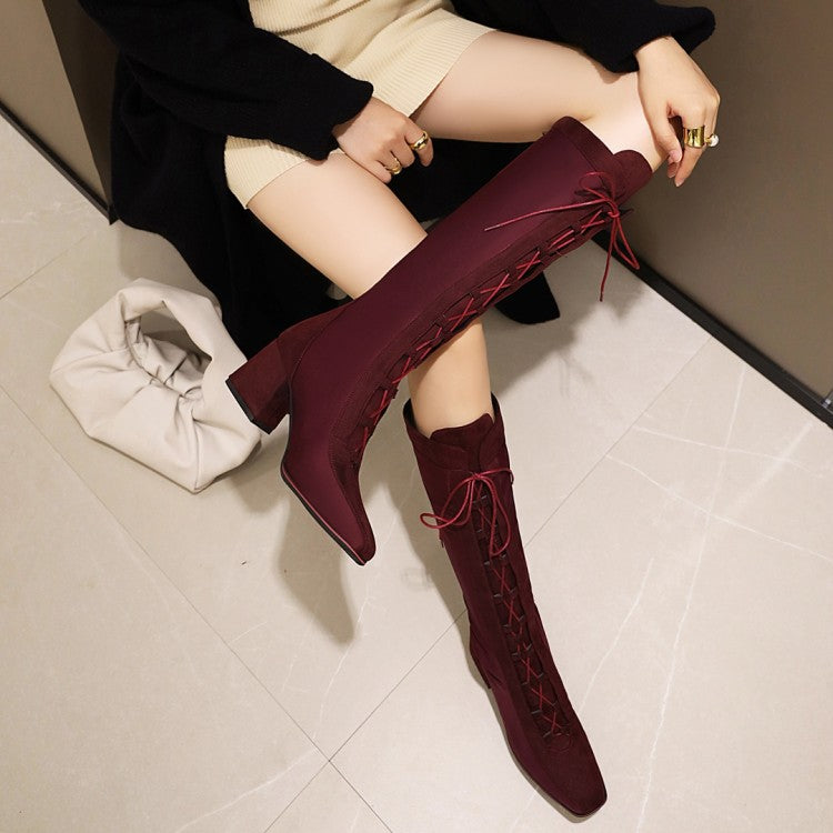 Women Lace Up High Heel Knee High Boots