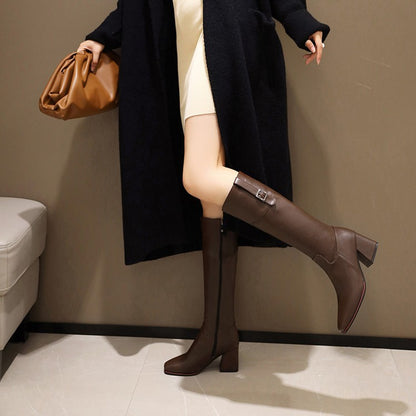 Women Zipper Buckle High Heel Knee High Boots