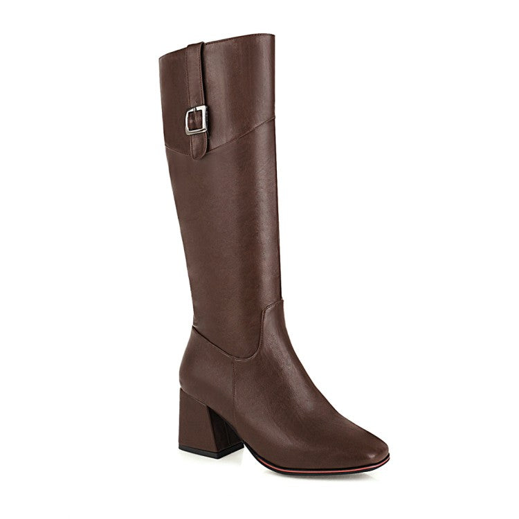 Women Zipper Buckle High Heel Knee High Boots