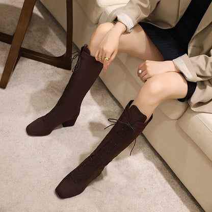 Women Lace Up High Heel Knee High Boots