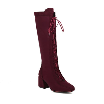 Women Lace Up High Heel Knee High Boots