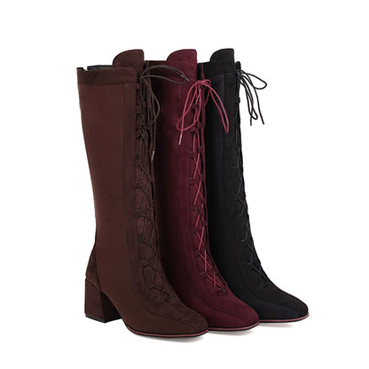 Women Lace Up High Heel Knee High Boots