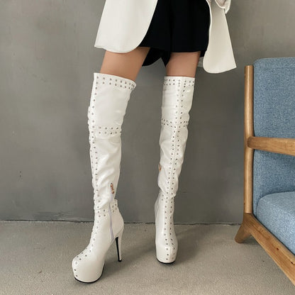 Women Rivets Patchwork Side Zippers Stiletto Heel Platform Over the Knee Boots