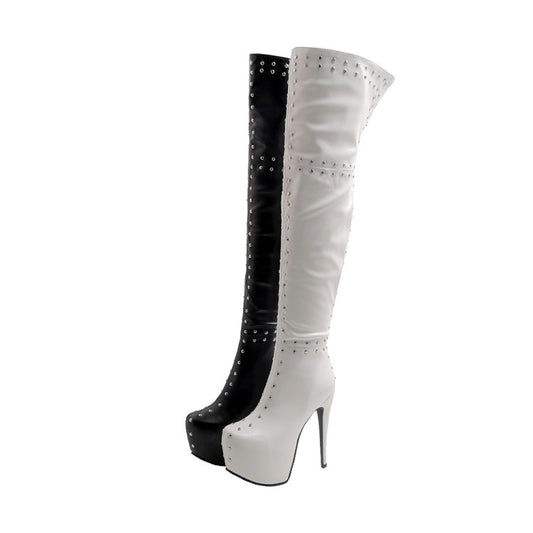 Women Rivets Patchwork Side Zippers Stiletto Heel Platform Over the Knee Boots