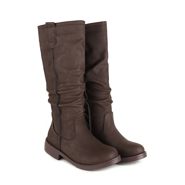 Women Round Toe Low Heels Knee High Boots