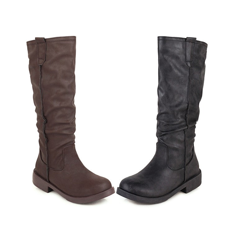 Women Round Toe Low Heels Knee High Boots