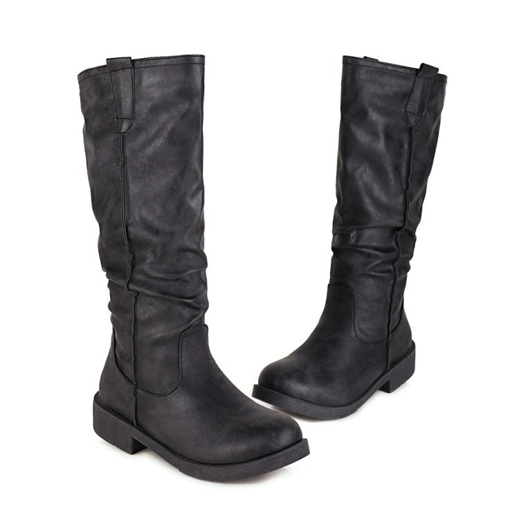 Women Round Toe Low Heels Knee High Boots