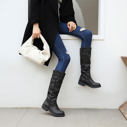 Women Round Toe Low Heels Knee High Boots