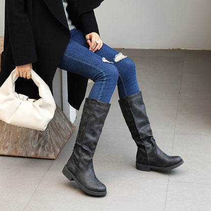 Women Round Toe Low Heels Knee High Boots