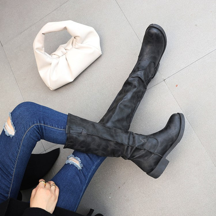 Women Round Toe Low Heels Knee High Boots