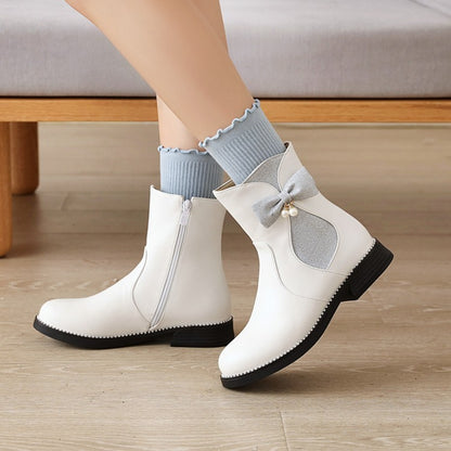 Women Bowtie Pearl Low Heel Short Boots