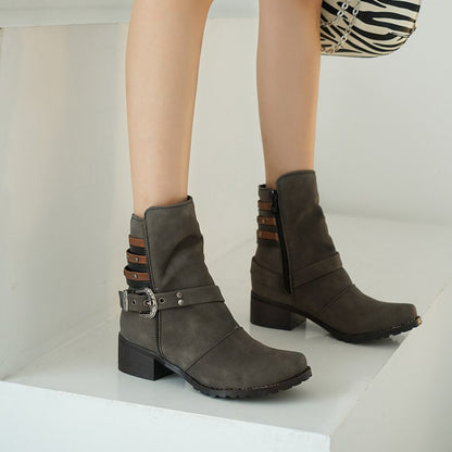 Women Buckle Belt Low Heels Short Boots