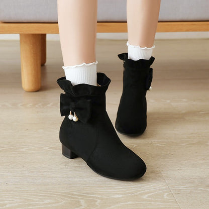 Women Ruffle Bowtie Low Heel Short Boots