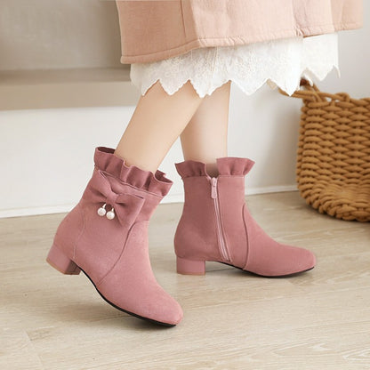 Women Ruffle Bowtie Low Heel Short Boots