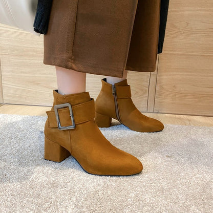 Women Flock Buckle Zipper Block Heel Short Boots