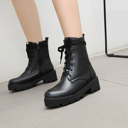 Women Lace Up Stitch Block Chunky Heel Platform Short Boots