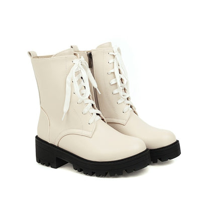 Women Lace Up Stitch Block Chunky Heel Platform Short Boots