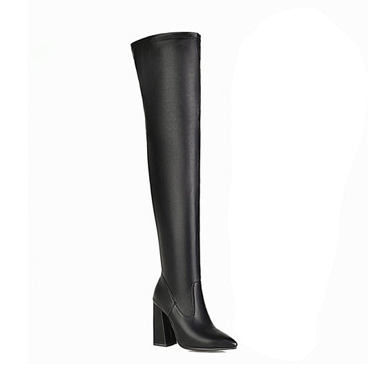 Women Snake Pattern Pointed Toe Side Zippers Block Heel Over the Knee High Boots