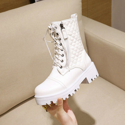 Women Lace Up Side Zippers Block Heel Platform Short Boots