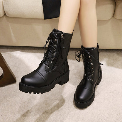 Women Lace Up Side Zippers Block Heel Platform Short Boots