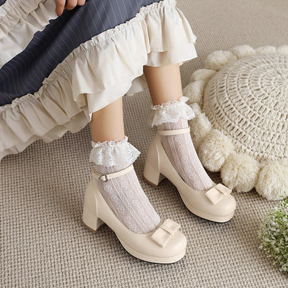 Women Ankle Strap Bow Chunky Heels Pumps Shoes